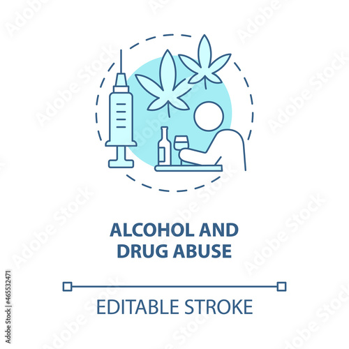Alcohol and drug abuse blue concept icon. Hate speech effect abstract idea thin line illustration. Substance addiction. Alcohol drinks misuse. Vector isolated outline color drawing. Editable stroke