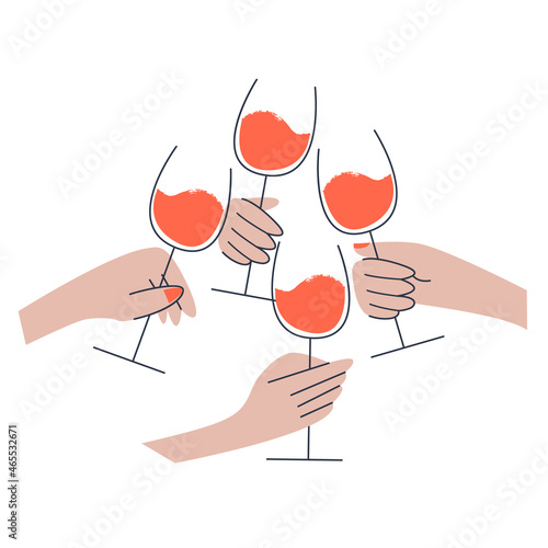 Four hands with glasses of red wine. Vector illustration on a white background.