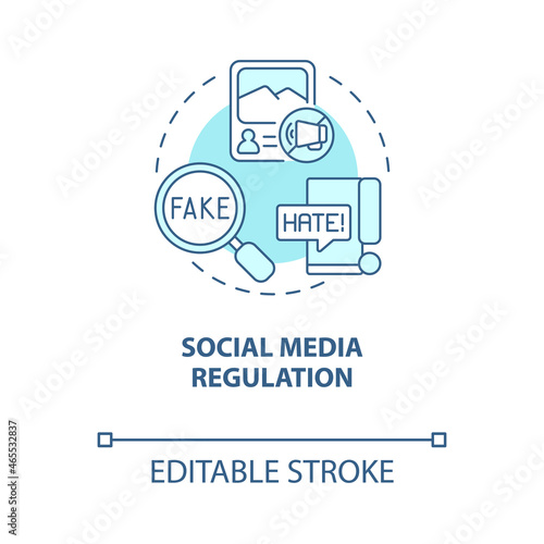 Social media regulation blue concept icon. Tackle hate speech abstract idea thin line illustration. Social networks control. Fact-checking posts. Vector isolated outline color drawing. Editable stroke