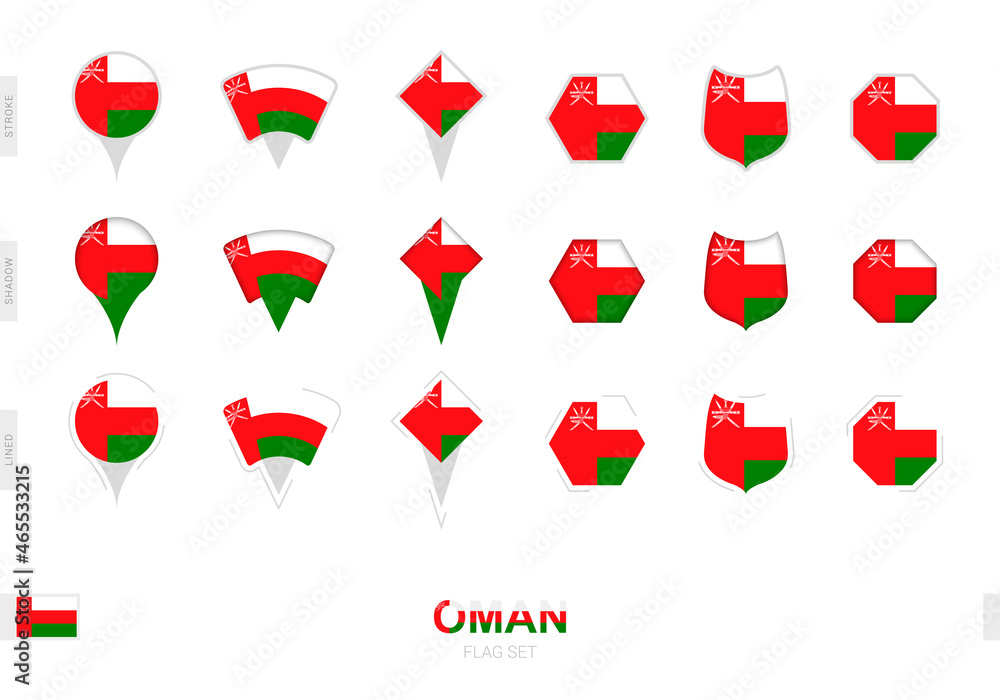 Collection of the Oman flag in different shapes and with three different effects. Collection of the Oman flag in different shapes and with three different effects.