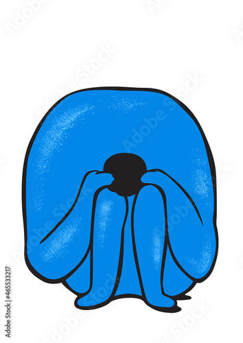 Abstract vector illustration of an emotionally down person. Bad mood, sadness, negative emotions, depression, melancholy bad mood, sorrow, crying. A person bent down sitting, with hands over head.