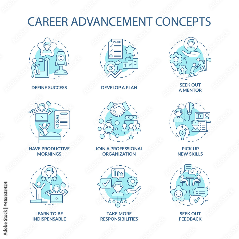 Career advancement blue concept icons set. Improvement in work. Successful employee. Professional development idea thin line color illustrations. Vector isolated outline drawings. Editable stroke