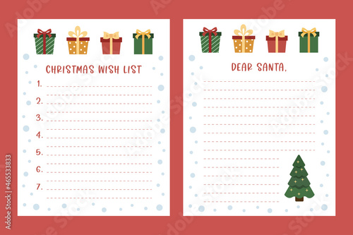 Letter to Santa and wish list. Printable Christmas holiday kit decorated by gift boxes and Christmas tree. Vector illustrations. Winter set. Santa letter.