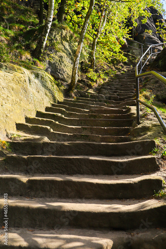 A steep staircase uphill to the summit of the Lilienstein  Saxon Switzerland - Germany