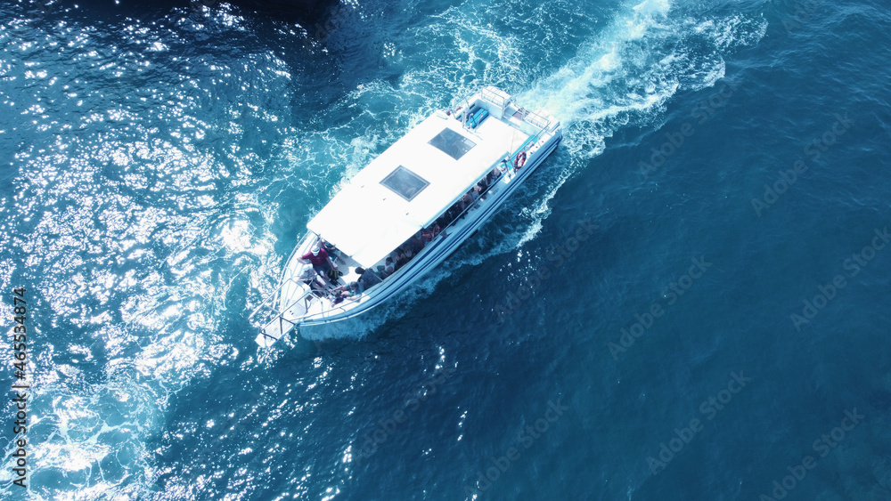 Tenerife. Yachts at the sea surface. Aerial view of luxury floating boat on blue Atlantic. Ocean at sunny day. Travel - image