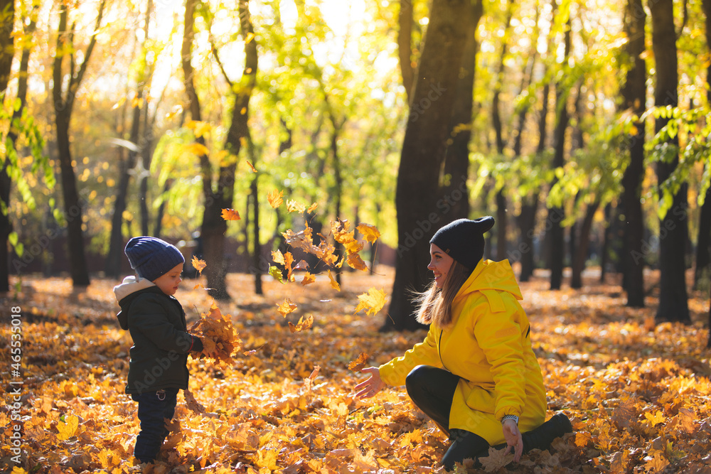 Fototapeta premium boy in autumn leaves playing with mom