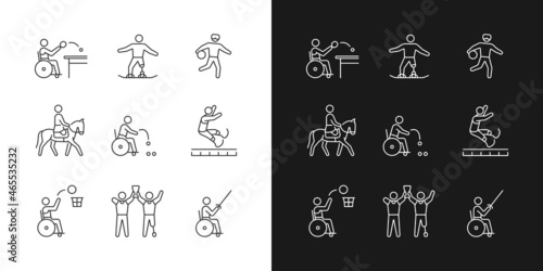 Sport championship linear icons set for dark and light mode. Athletic events. Sportsman with physical disability. Customizable thin line symbols. Isolated vector outline illustrations. Editable stroke