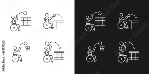 Adaptive wheelchair sports linear icons set for dark and light mode. Competitive events. Disabled athlete. Customizable thin line symbols. Isolated vector outline illustrations. Editable stroke