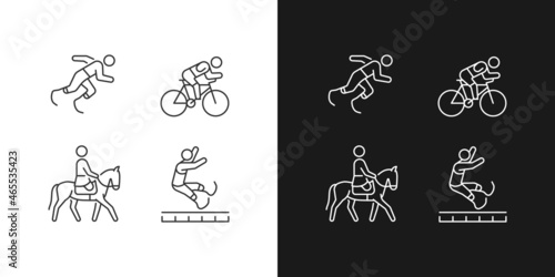 Adaptive sports linear icons set for dark and light mode. Equestrian and athletic sports. Prosthetic sportsman. Customizable thin line symbols. Isolated vector outline illustrations. Editable stroke