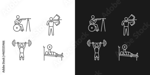 Single adaptive contests linear icons set for dark and light mode. Athletic events. Sportsman with disability. Customizable thin line symbols. Isolated vector outline illustrations. Editable stroke