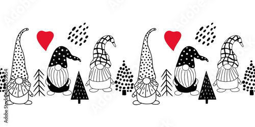 Seamless horizontal pattern with cute hand drawn gnomes and Christmas trees. A Scandinavian style vector background of doodle elements
