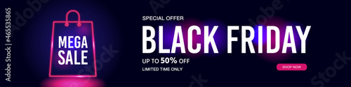 Black Friday Sale banner. Modern neon luminous banner with typography. A trendy template for online businesses, social ads, print and more. Final sale up to 50% off. Special offer. Vector illustration