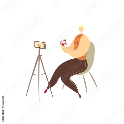 Beautiful young man is talking about cosmetics to the camera. Online makeup courses, beauty blog concept. Flat vector illustration