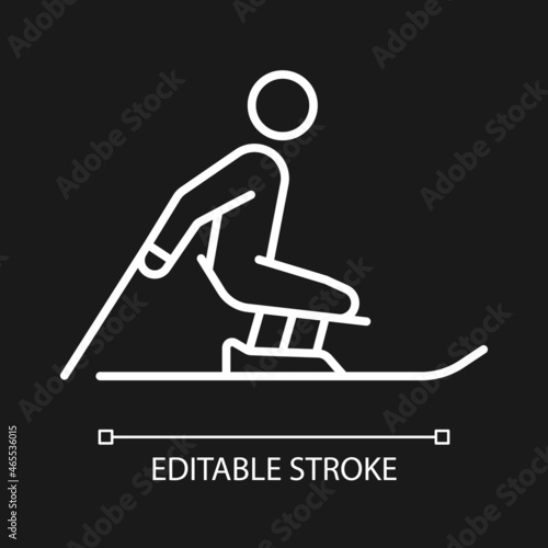 Alpine skiing white linear icon for dark theme. Winter season extreme sport. Disabled sportsman. Thin line customizable illustration. Isolated vector contour symbol for night mode. Editable stroke