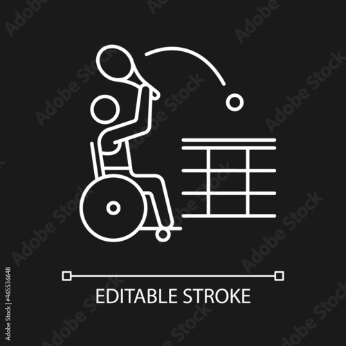 Wheelchair tennis white linear icon for dark theme. Adaptive tennis competition. Disabled athlete. Thin line customizable illustration. Isolated vector contour symbol for night mode. Editable stroke