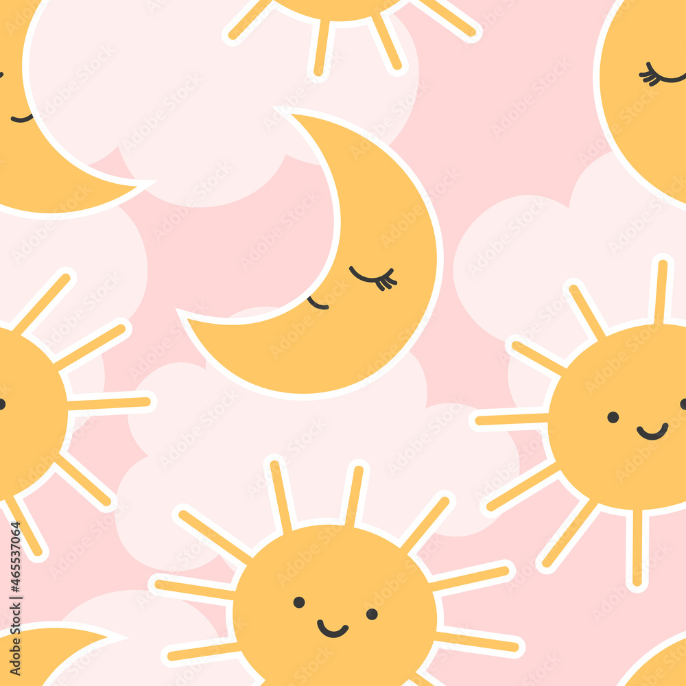 Sun and Moon Cute Seamless Pattern, Cartoon Vector Illustration, Cartoon Background