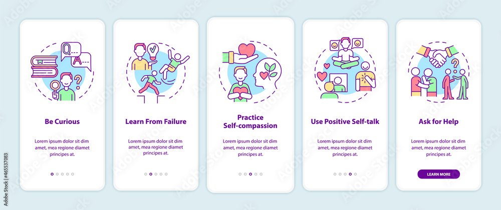Happiness mindset strategies onboarding mobile app page screen. Goal achievement walkthrough 5 steps graphic instructions with concepts. UI, UX, GUI vector template with linear color illustrations