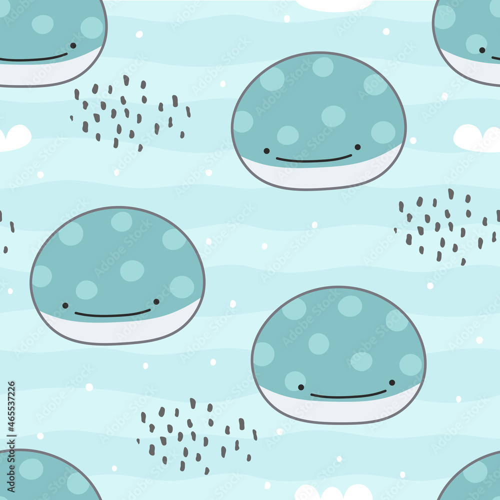 Whale Seamless Pattern, Cute Cartoon Background