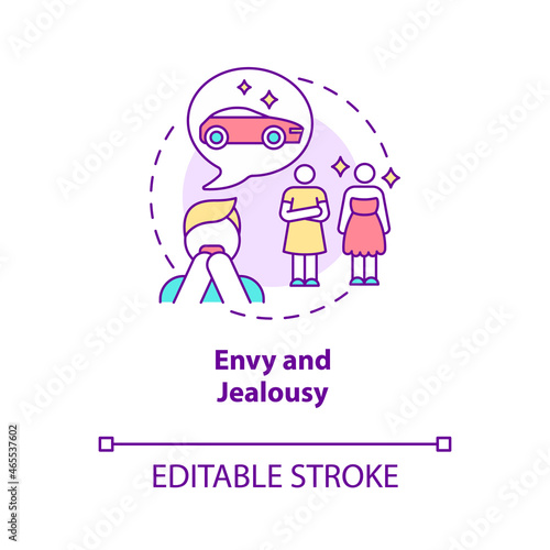 Envy and jealousy concept icon. Self disappointment abstract idea thin line illustration. Comparing self with other people. Happiness obstacle. Vector isolated outline color drawing. Editable stroke