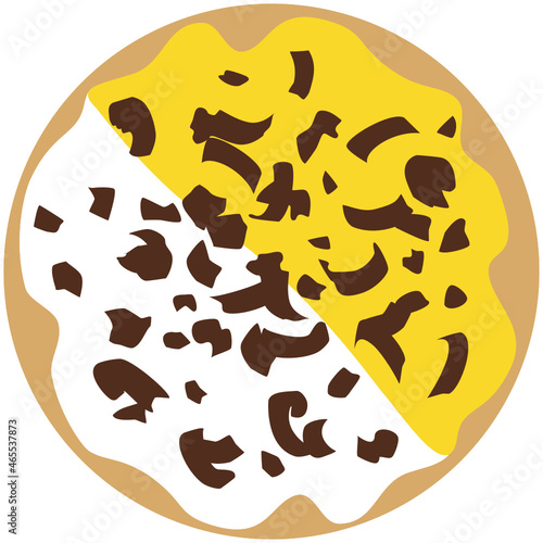 Round circular doughnut graphic with White and yellow divided frosting half and half with chocolate curl shaving style sprinkles. Layered SVG illustration
