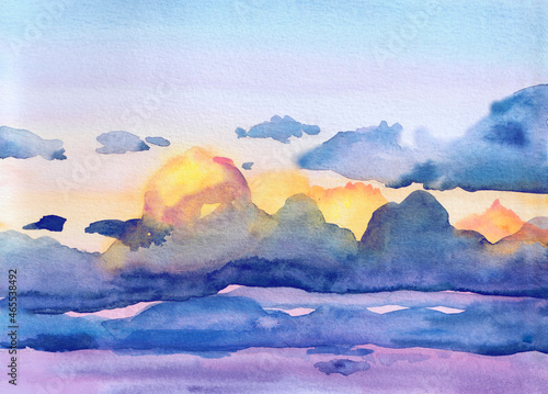 Watercolor hand drawn cloudy sky illustration background