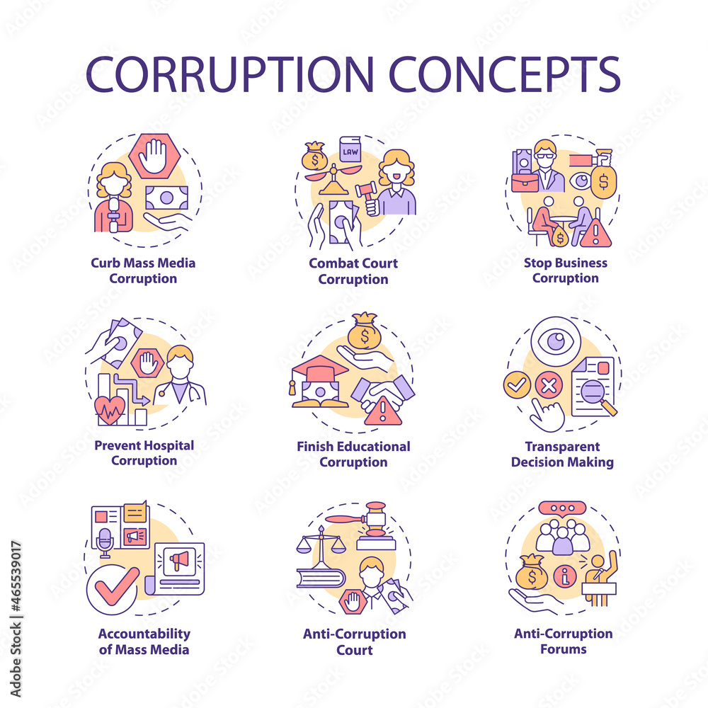 Corruption concept icons set. Corrupted government idea thin line color illustrations. Bribery in government. Embezzlement of budget money. Vector isolated outline drawings. Editable stroke