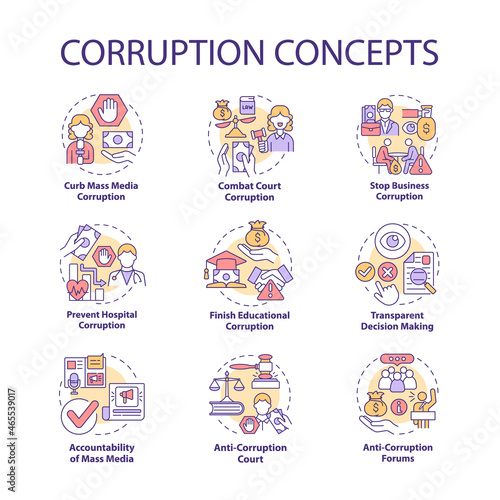 Corruption concept icons set. Corrupted government idea thin line color illustrations. Bribery in government. Embezzlement of budget money. Vector isolated outline drawings. Editable stroke
