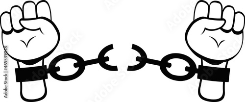 Vector illustration of a hands breaking chains drawn in black and white