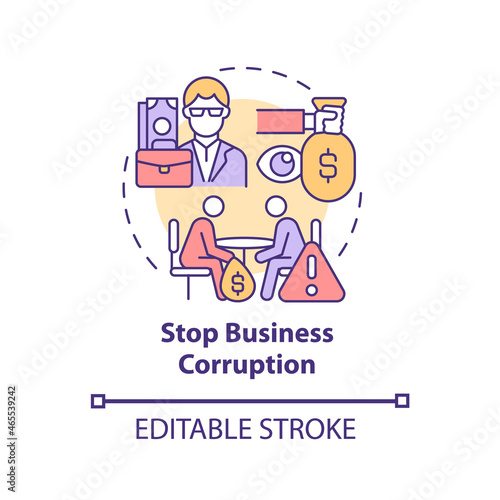 Stop business corruption concept icon. Corrupted corporation abstract idea thin line illustration. Company accused of illicit behaviour. Vector isolated outline color drawing. Editable stroke