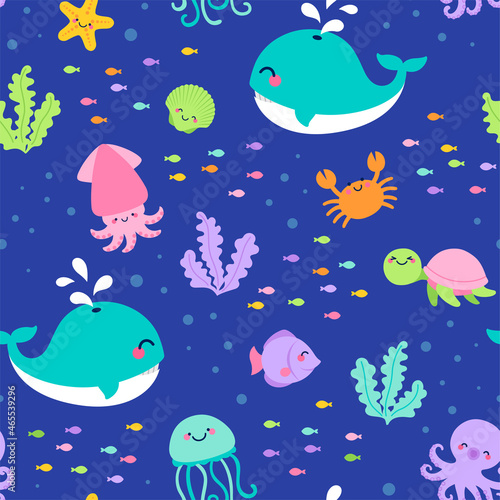 Colorful sea life illustration seamless pattern background.