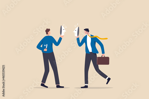 Office politics, jealousy colleagues compete to get promoted, rivalry coworker argument, dishonesty stab in the back concept, businessmen colleagues putting fake smile mask hiding the knife behind.