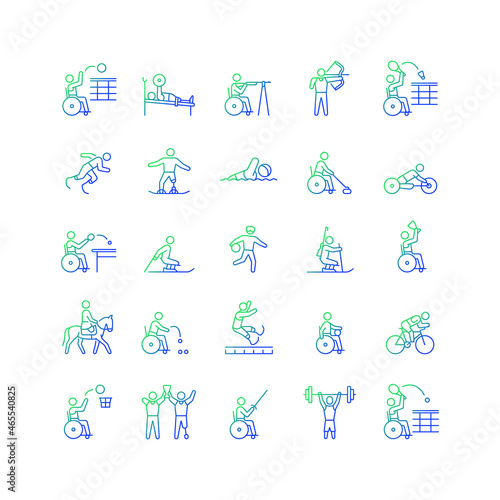 Sport competition gradient linear vector icons set. Professional competitive event. Athletes with disability. Thin line contour symbols bundle. Isolated outline illustrations collection collection