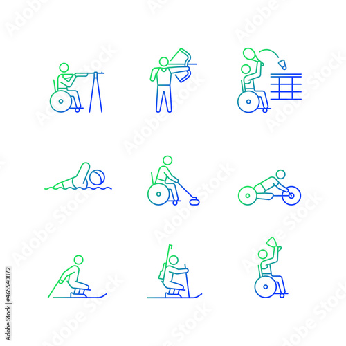 Athletes with disabilities gradient linear vector icons set. Adaptive sport games. People with disability. Thin line contour symbols bundle. Isolated outline illustrations collection