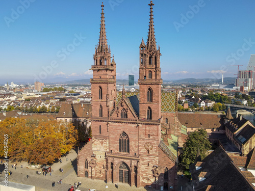 Drone view at the cathedral of Basel in Switzerland.