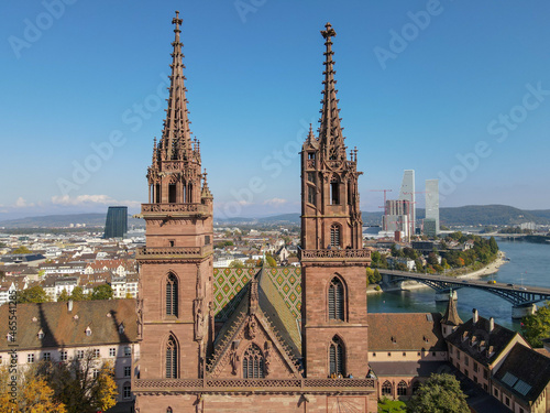 Drone view at the cathedral of Basel in Switzerland.