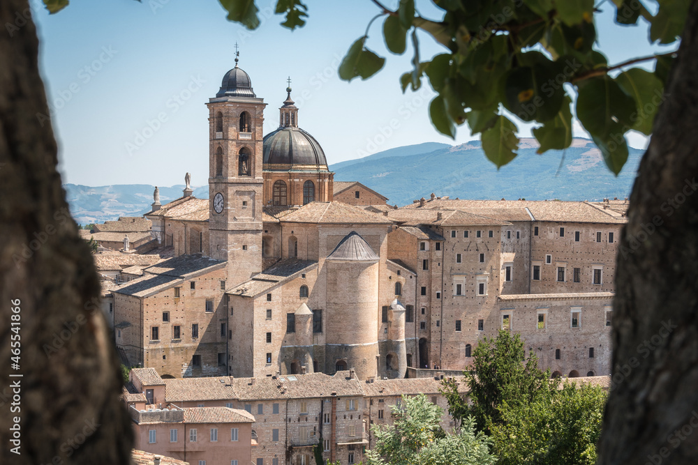 Landmarks of Italy, Panoramic view of the city of Urbino with Palazzo Ducale and Cathedral from Albornoz Fortress, Unesco site. Marche, Italy, Europe