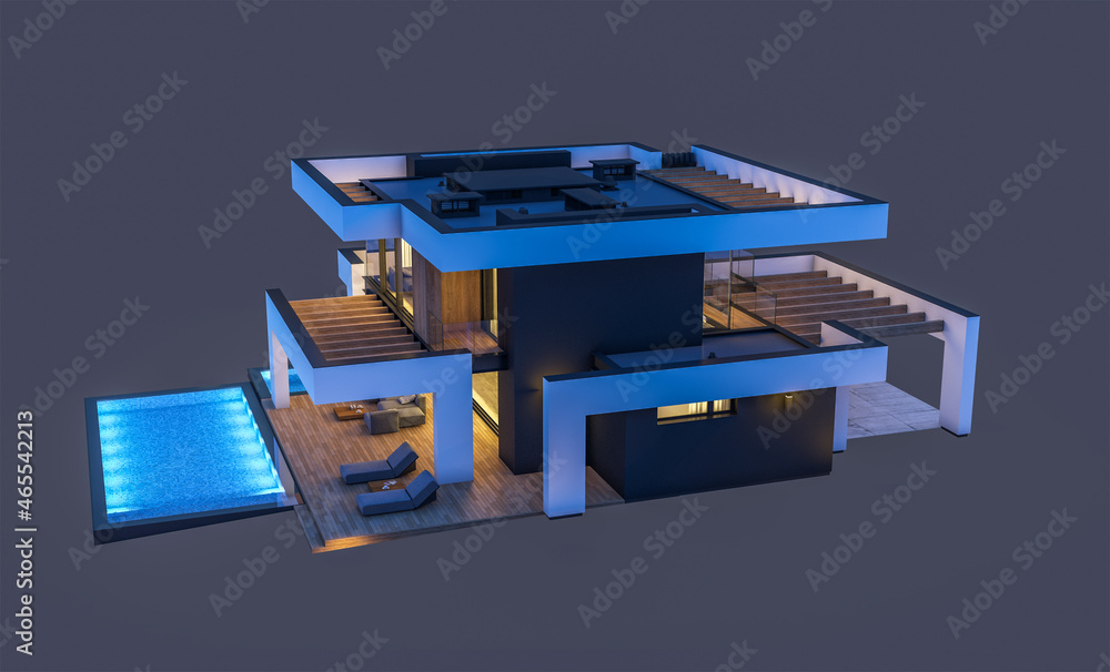 Obraz premium 3d rendering of modern cozy house with pool and parking for sale or rent in luxurious style. In the night. Isolated on black.