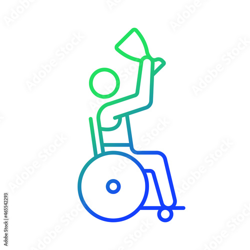 Competition winner with disability gradient linear vector icon. Athlete with cup. Winning prize. Disabled sportsmen. Thin line color symbol. Modern style pictogram. Vector isolated outline drawing
