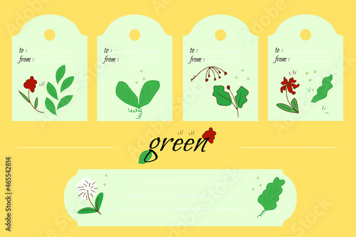 set of vector templates, gift tags, ready-made designs with cute gardening elements, flowers and leaves. Funny flat colorful illustration for flower shop and garden with text from whom and to whom