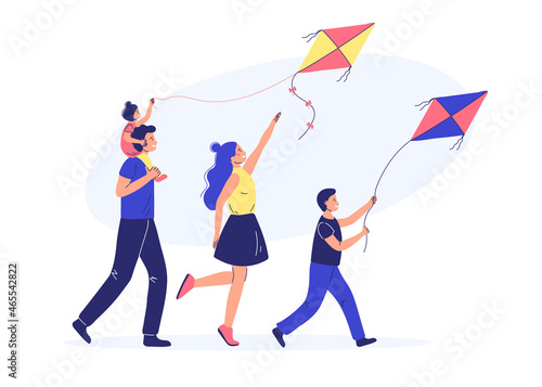 a happy family launches a kite. illustration in multian style