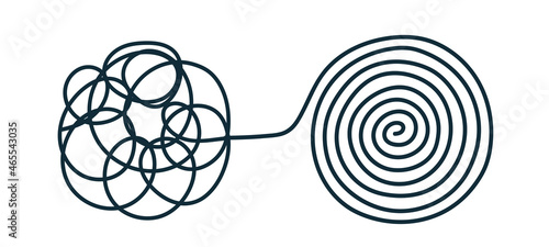 Chaos and order Tangled mess turns into a spiral line of order, find a solution. Coaching, mentoring, or psychotherapy. vector in doodle style. hand-drawn.