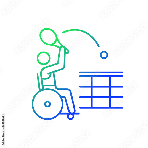 Wheelchair tennis gradient linear vector icon. Competitive team sport. Adaptive tennis. Athletes with disability. Thin line color symbol. Modern style pictogram. Vector isolated outline drawing