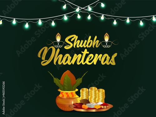 Shubh dhanteras indian festival celebration greeting card with gold coin kalash and pooja thali