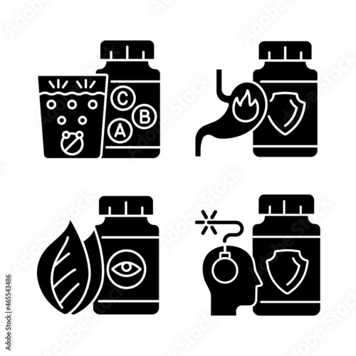 Food supplements black glyph icons set on white space. Heartburn relief. Mental disorder, stress medication. Water dissolving vitamin tablets. Silhouette symbols. Vector isolated illustration