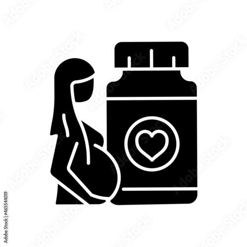 Supplements for pregnant women black glyph icon. Pregnancy complementary medicines. Reducing risk of problems in baby development. Silhouette symbol on white space. Vector isolated illustration