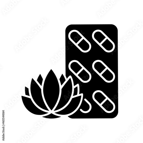 Tranquilizing supplements black glyph icon. Stress relieving complementary medicine. Nervousness reducing. Pills for peaceful rest. Silhouette symbol on white space. Vector isolated illustration