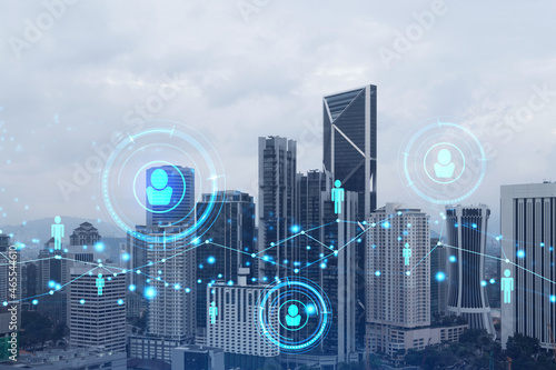 Canvas Print Social media icons hologram over panorama city view of Kuala Lumpur, Malaysia, Asia