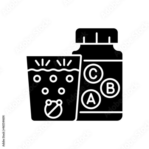 Vitamin effervescents black glyph icon. Water dissolving tablets. Multivitamins for better health. Water solution for digestion. Silhouette symbol on white space. Vector isolated illustration