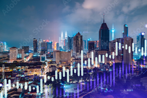 Photography Stock market graph hologram, night panorama city view of Kuala Lumpur