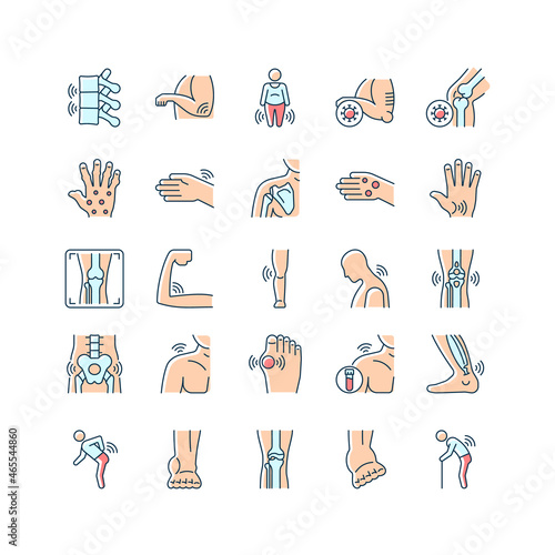 Joints pain RGB color icons set. Rheumatic diseases. Arthritis development. Muscles inflammation. Musculoskeletal conditions. Isolated vector illustrations. Simple filled line drawings collection